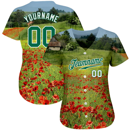 Custom Green Kelly Green-White 3D Pattern Design Flowers Authentic Baseball Jersey - Sky-Custom