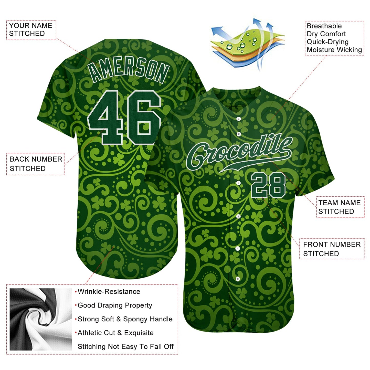 Custom Green Green-White 3D Pattern Design Authentic St. Patrick's Day Baseball Jersey - Sky-Custom