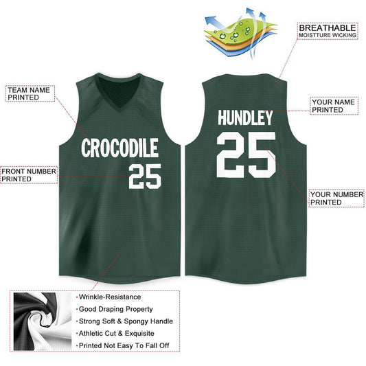 Custom Hunter Green White V-Neck Basketball Jersey - Sky-Custom