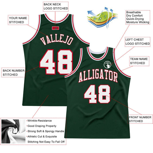 Custom Hunter Green White-Red Authentic Throwback Basketball Jersey - Sky-Custom