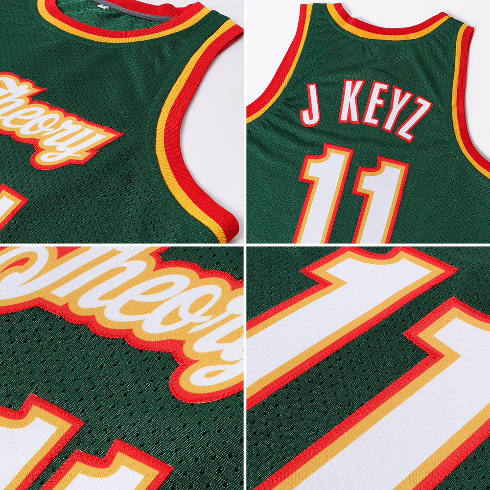Custom Hunter Green White-Red Authentic Throwback Basketball Jersey - Sky-Custom