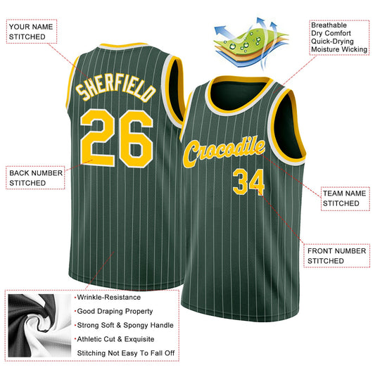 Custom Hunter Green White Pinstripe Gold-White Authentic Basketball Jersey - Sky-Custom