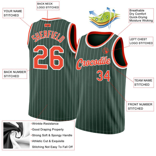 Custom Hunter Green White Pinstripe Orange-White Authentic Basketball Jersey - Sky-Custom