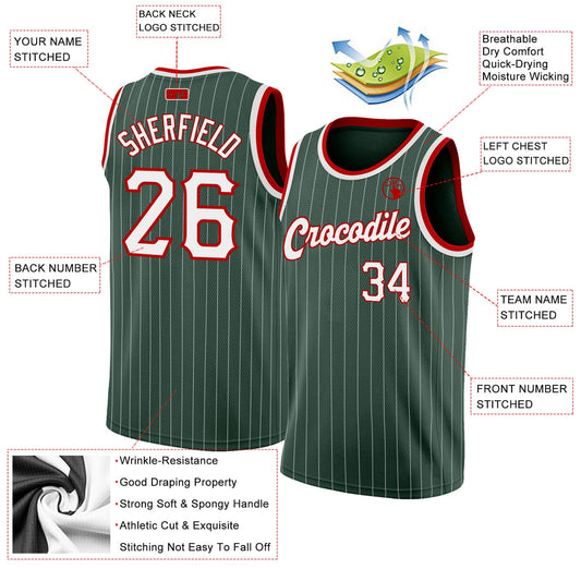 Custom Hunter Green White Pinstripe White-Red Authentic Basketball Jersey - Sky-Custom