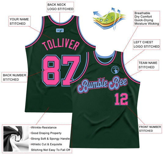 Custom Hunter Green Pink-Light Blue Authentic Throwback Basketball Jersey - Sky-Custom