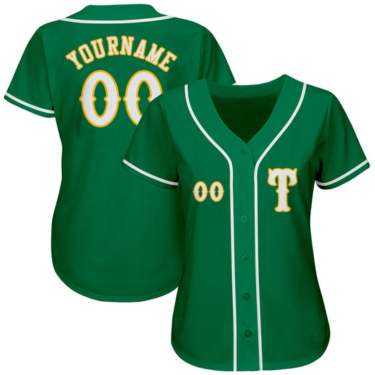 Custom Kelly Green White-Gold Authentic Baseball Jersey - Sky-Custom