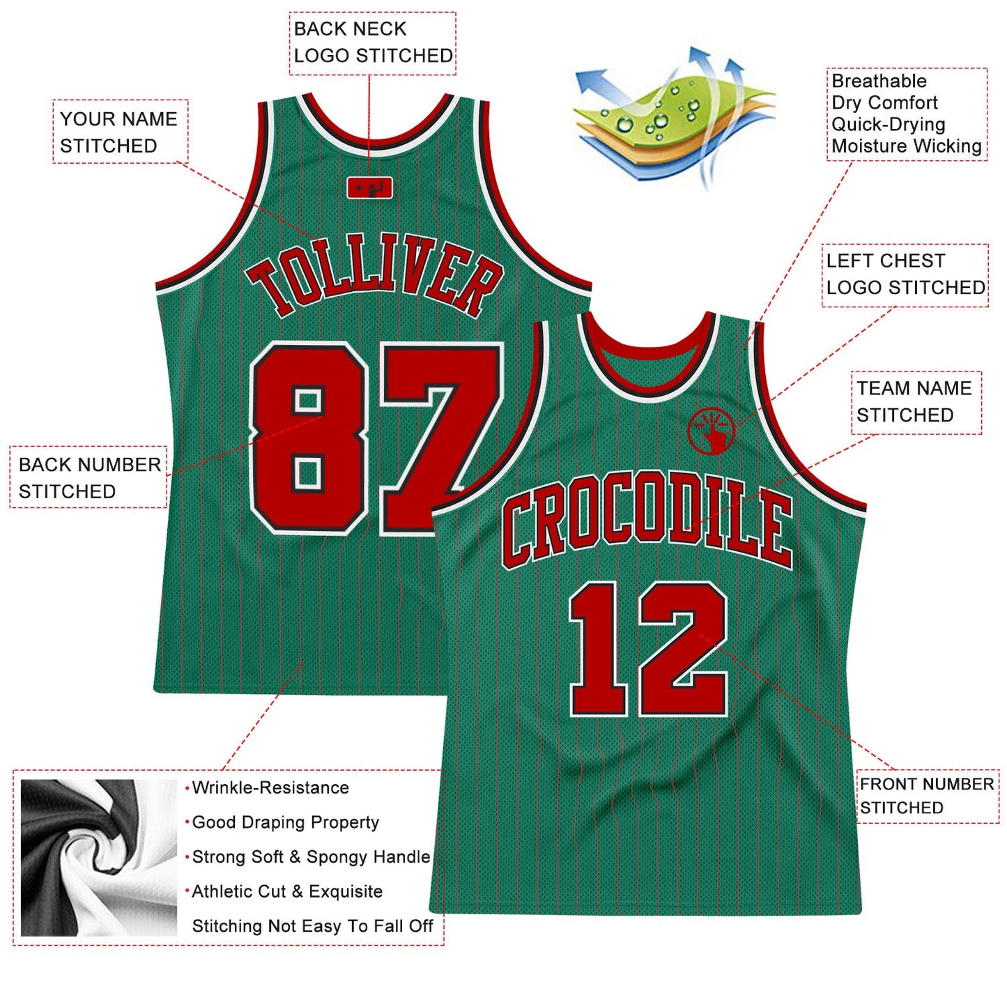 Custom Kelly Green Red Pinstripe Red-Black Authentic Basketball Jersey - Sky-Custom