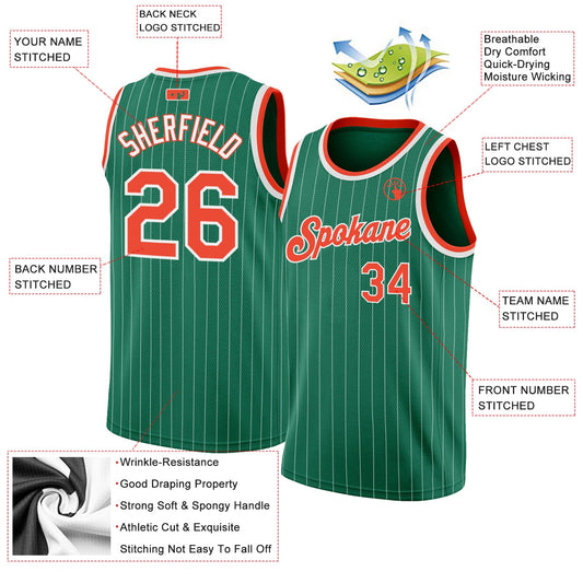 Custom Kelly Green White Pinstripe Orange-White Authentic Basketball Jersey - Sky-Custom