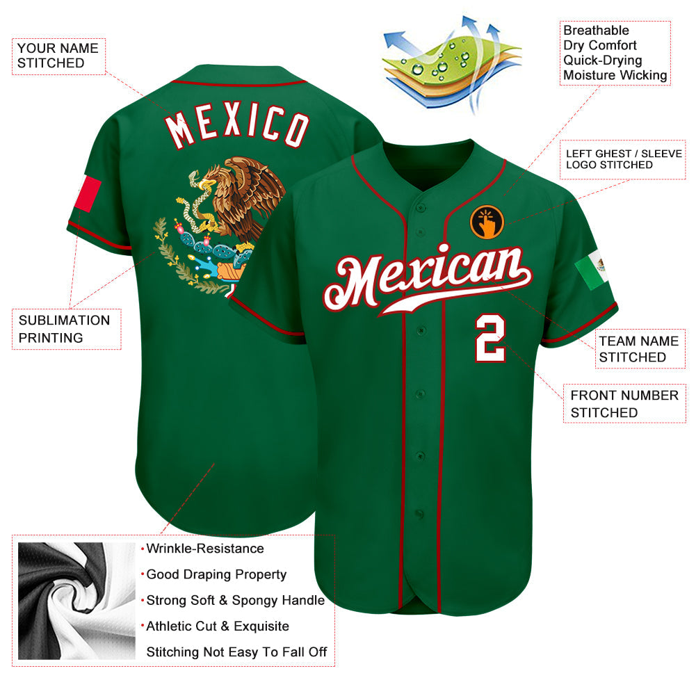 Custom Kelly Green White-Red Authentic Mexican Flag Fashion Baseball Jersey - Sky-Custom