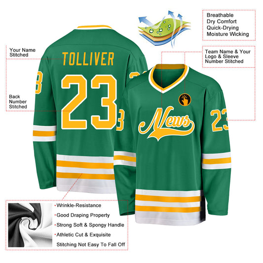 Custom Kelly Green Gold-White Hockey Jersey - Sky-Custom