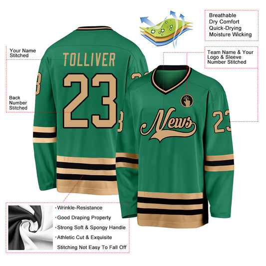 Custom Kelly Green Old Gold-Black Hockey Jersey - Sky-Custom