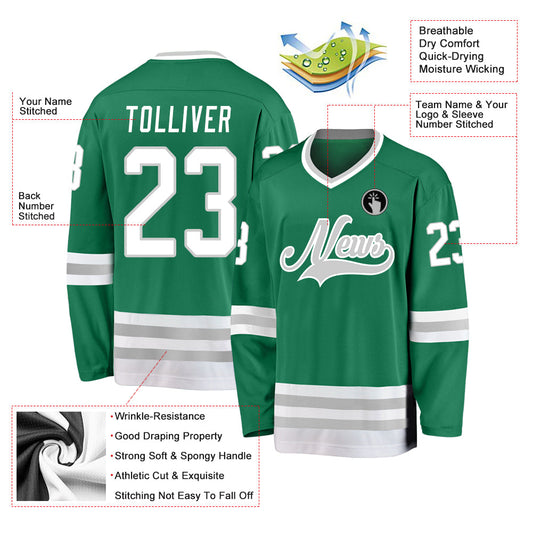 Custom Kelly Green White-Gray Hockey Jersey - Sky-Custom