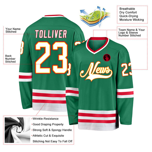 Custom Kelly Green White-Red Hockey Jersey - Sky-Custom