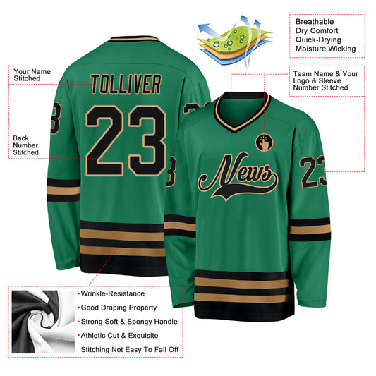 Custom Kelly Green Black-Old Gold Hockey Jersey - Sky-Custom