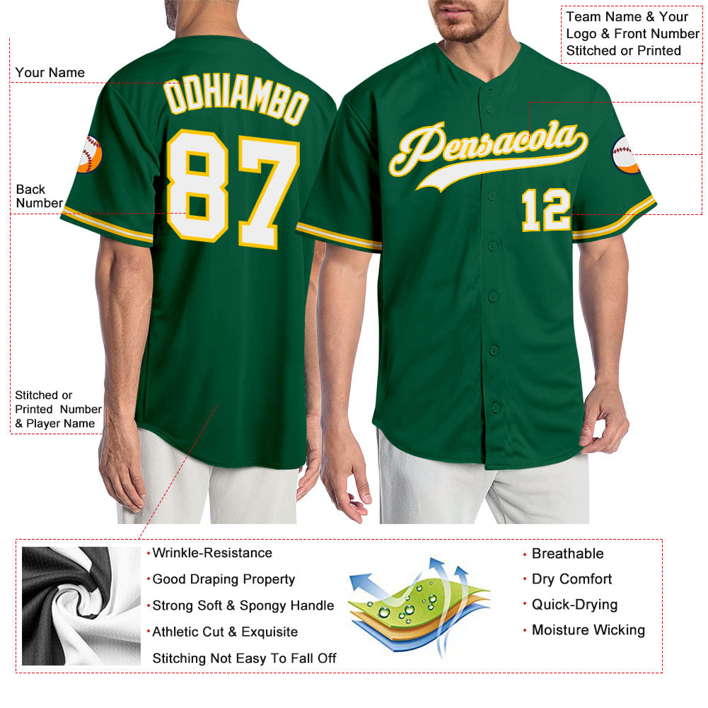 Custom Kelly Green White-Gold Authentic Baseball Jersey - Sky-Custom