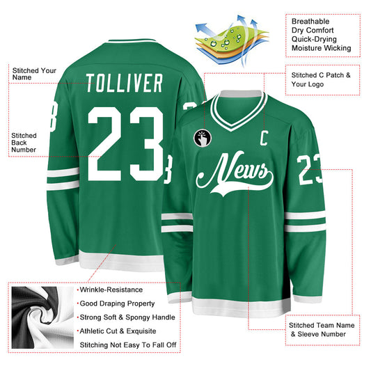 Custom Kelly Green White Hockey Jersey - Sky-Custom