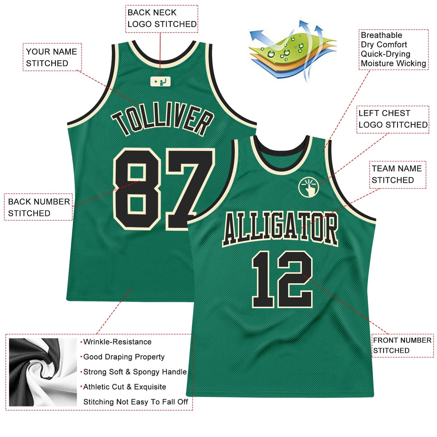 Custom Kelly Green Black-Cream Authentic Throwback Basketball Jersey - Sky-Custom