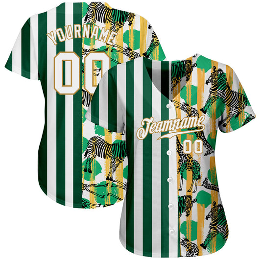 Custom Kelly Green White-Old Gold 3D Pattern Design Zebras And Giraffes Authentic Baseball Jersey - Sky-Custom