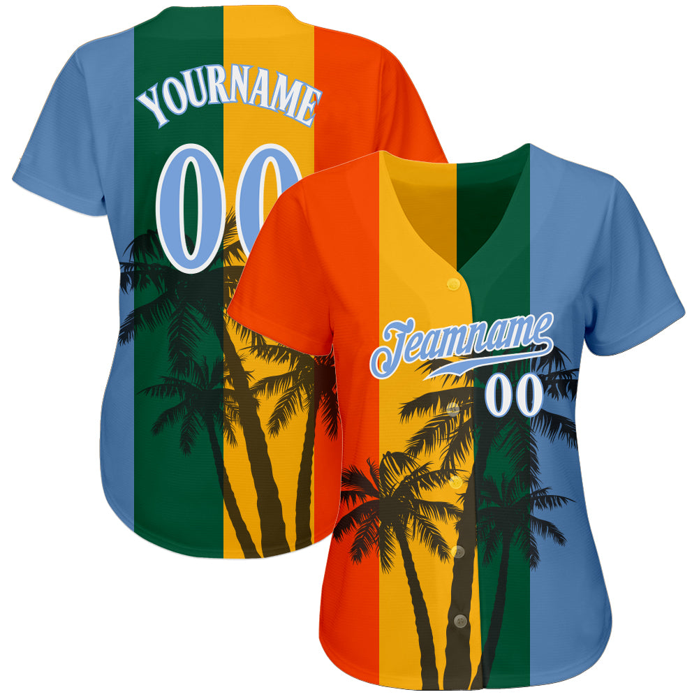 Custom Kelly Green Light Blue-White 3D Pattern Design Hawaii Coconut Trees Authentic Baseball Jersey - Sky-Custom