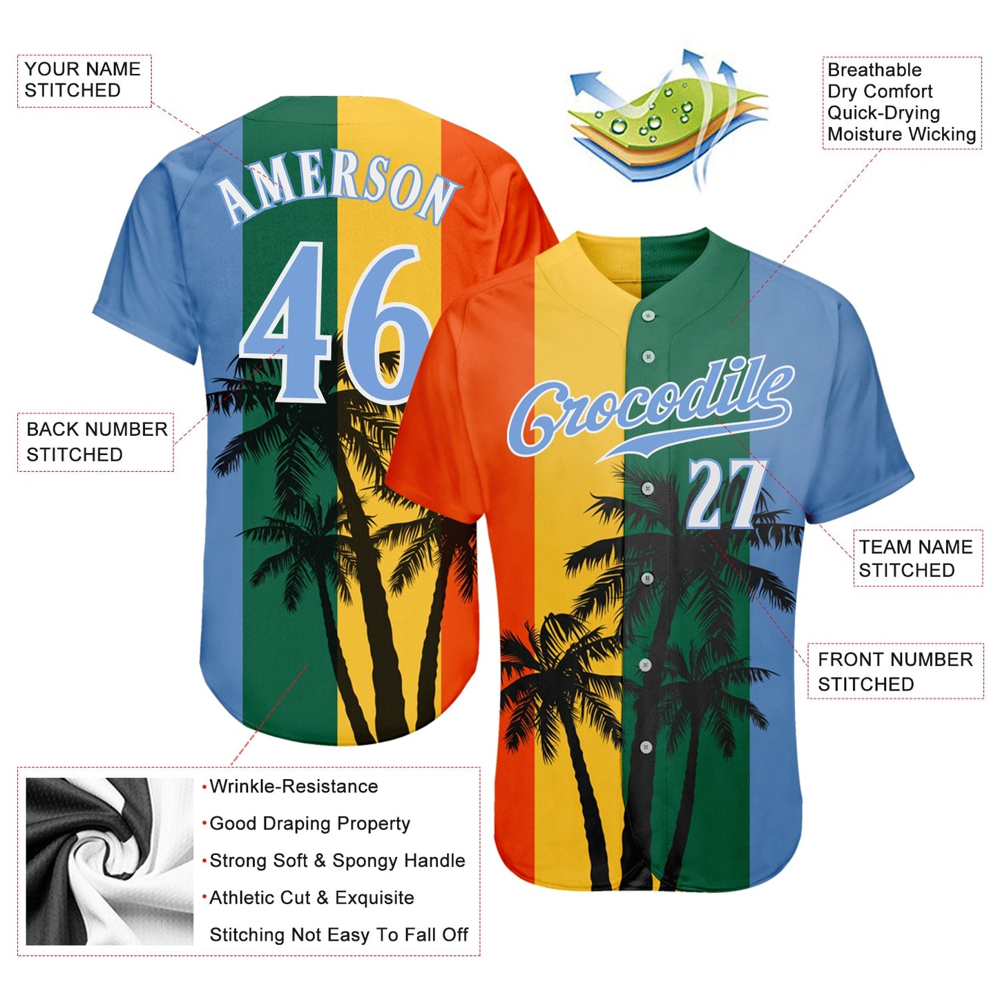 Custom Kelly Green Light Blue-White 3D Pattern Design Hawaii Coconut Trees Authentic Baseball Jersey - Sky-Custom