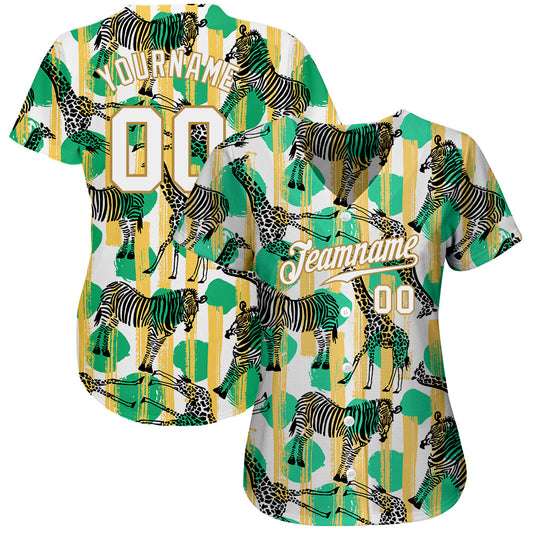 Custom Kelly Green White-Old Gold 3D Pattern Design Zebras And Giraffes Authentic Baseball Jersey - Sky-Custom
