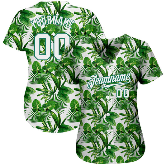 Custom Kelly Green White-Kelly Green 3D Pattern Design Tropical Palm Leaves Authentic Baseball Jersey - Sky-Custom