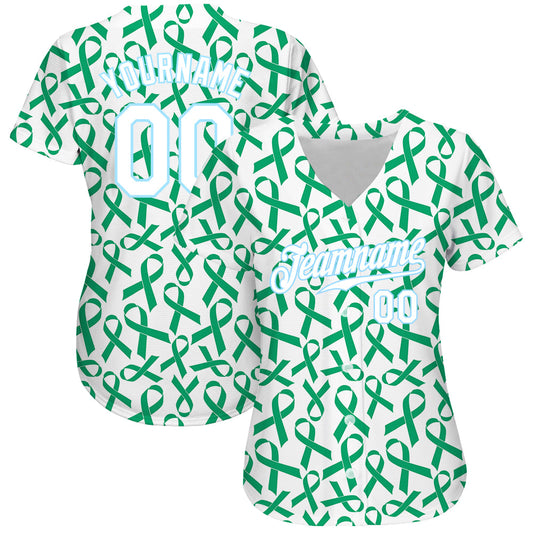 Custom Kelly Green White-Light Blue 3D Pattern Design Breast Cancer Authentic Baseball Jersey - Sky-Custom