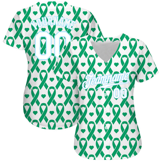 Custom Kelly Green White-Light Blue 3D Pattern Design Breast Cancer Authentic Baseball Jersey - Sky-Custom