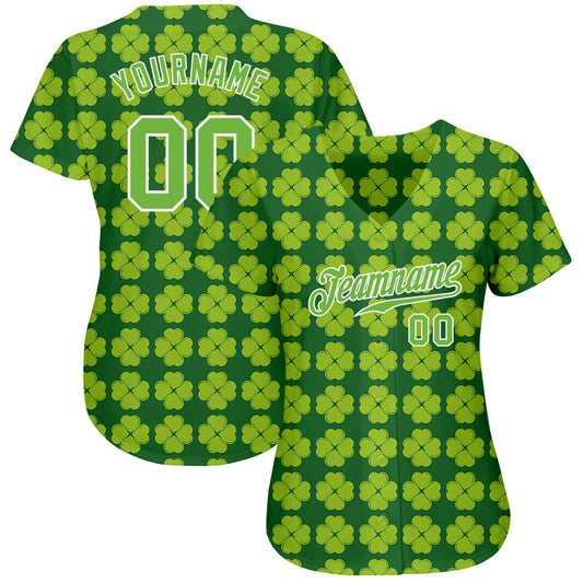 Custom Kelly Green Neon Green-White 3D Pattern Design Authentic St. Patrick's Day Baseball Jersey - Sky-Custom