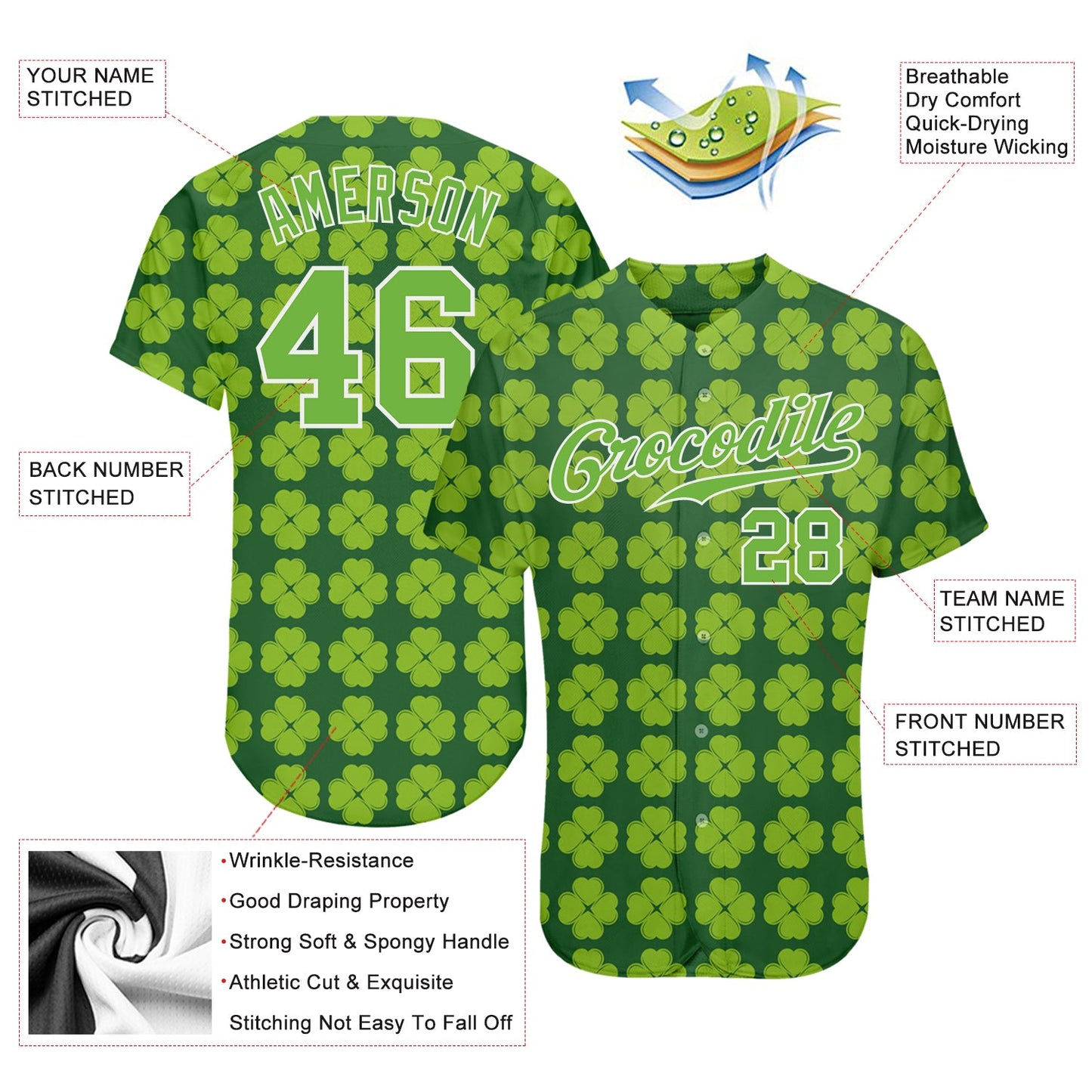 Custom Kelly Green Neon Green-White 3D Pattern Design Authentic St. Patrick's Day Baseball Jersey - Sky-Custom