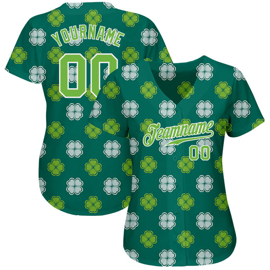 Custom Kelly Green Neon Green-White 3D Pattern Design Authentic St. Patrick's Day Baseball Jersey - Sky-Custom