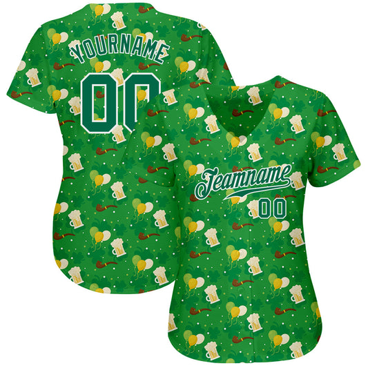 Custom Kelly Green Kelly Green-White 3D Pattern Design Authentic St. Patrick's Day Baseball Jersey - Sky-Custom
