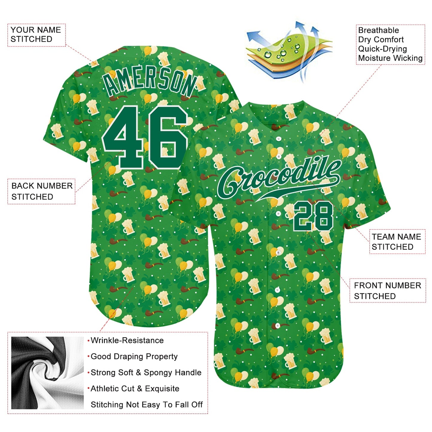 Custom Kelly Green Kelly Green-White 3D Pattern Design Authentic St. Patrick's Day Baseball Jersey - Sky-Custom