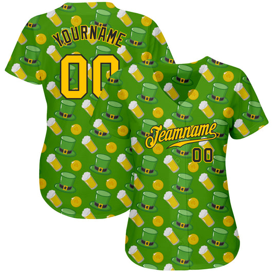 Custom Kelly Green Gold-Black 3D Pattern Design Authentic St. Patrick's Day Baseball Jersey - Sky-Custom