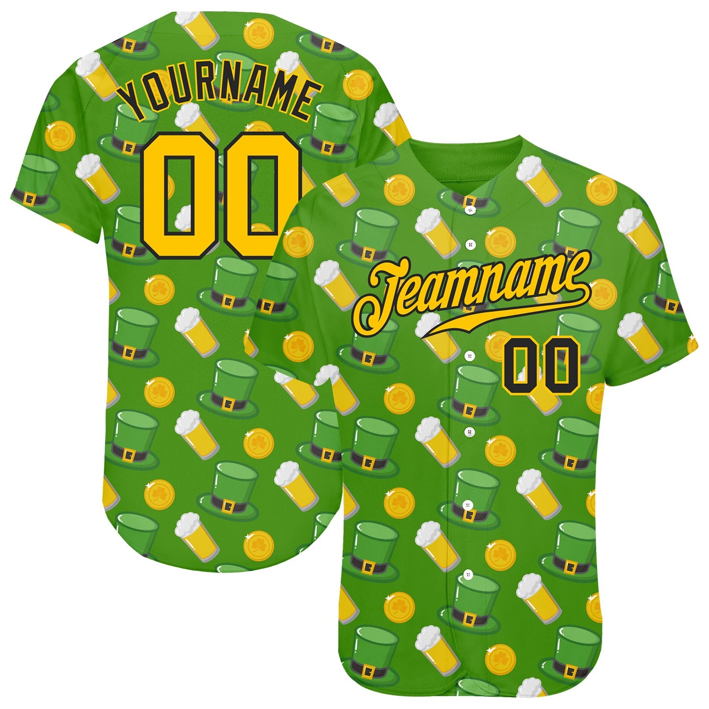 Custom Kelly Green Gold-Black 3D Pattern Design Authentic St. Patrick's Day Baseball Jersey - Sky-Custom