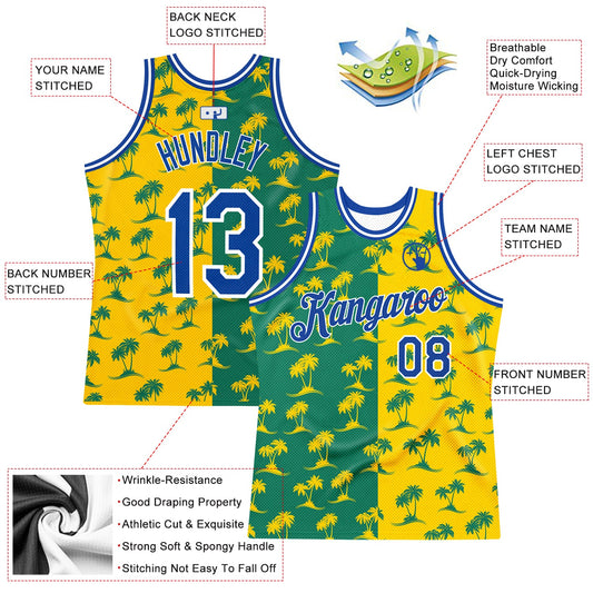 Custom Kelly Green Royal-Gold 3D Pattern Hawaii Palm Trees Authentic Basketball Jersey - Sky-Custom