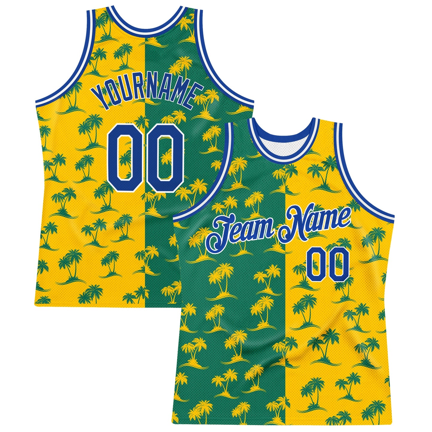 Custom Kelly Green Royal-Gold 3D Pattern Hawaii Palm Trees Authentic Basketball Jersey - Sky-Custom