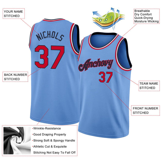 Custom Light Blue Red-Navy Round Neck Rib-Knit Basketball Jersey - Sky-Custom
