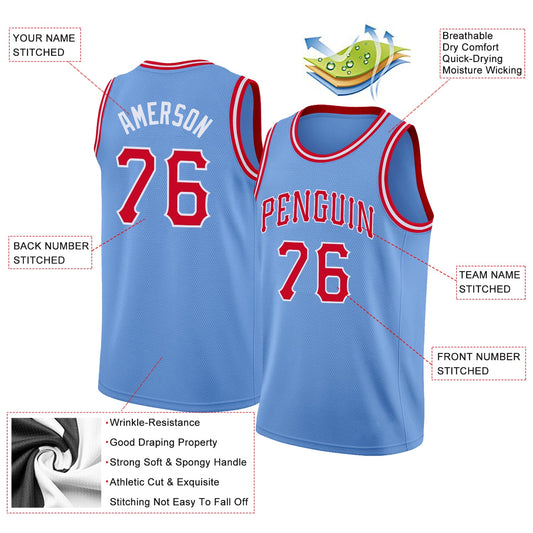 Custom Light Blue Red-White Round Neck Rib-Knit Basketball Jersey - Sky-Custom
