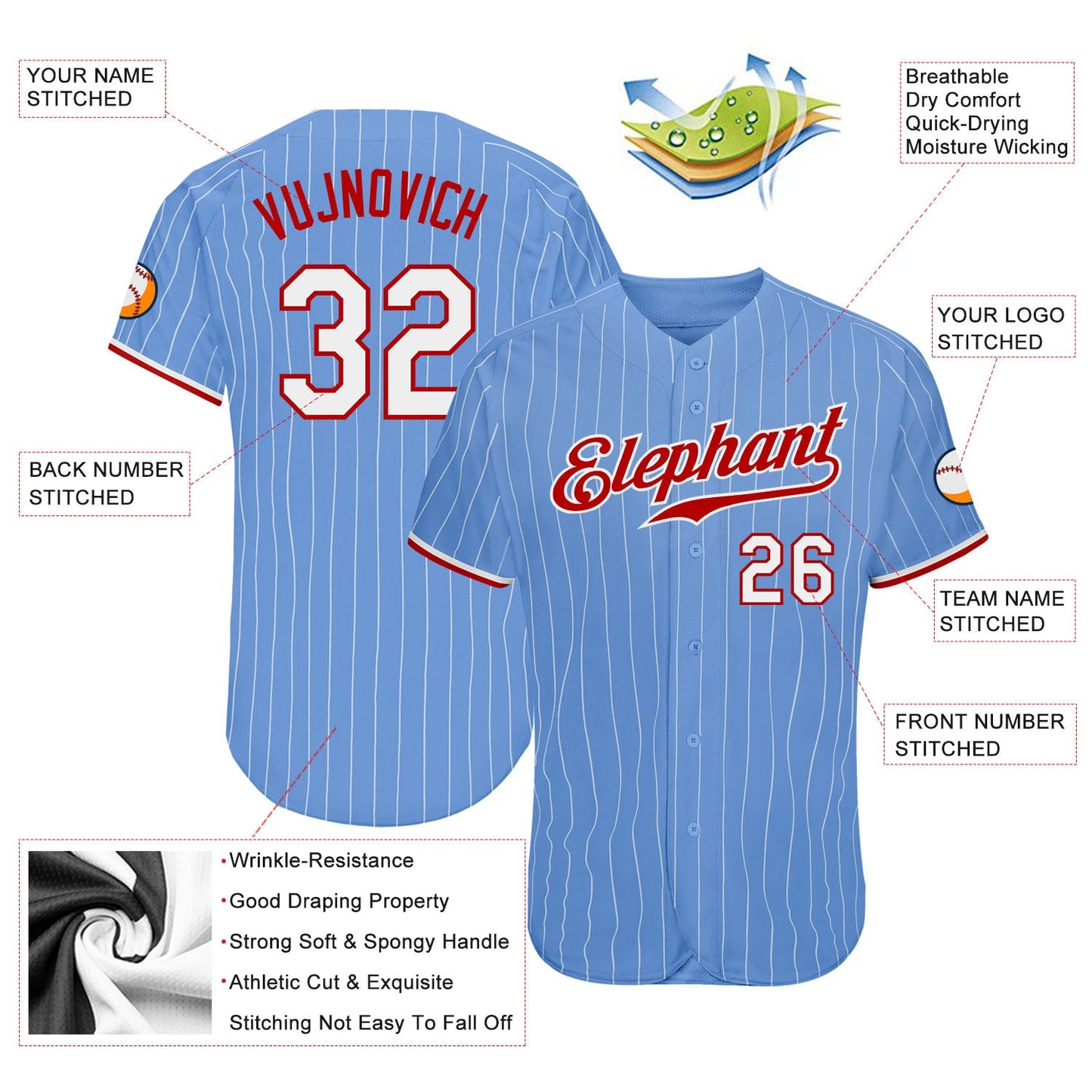 Custom Light Blue White Pinstripe White-Red Authentic Baseball Jersey - Sky-Custom