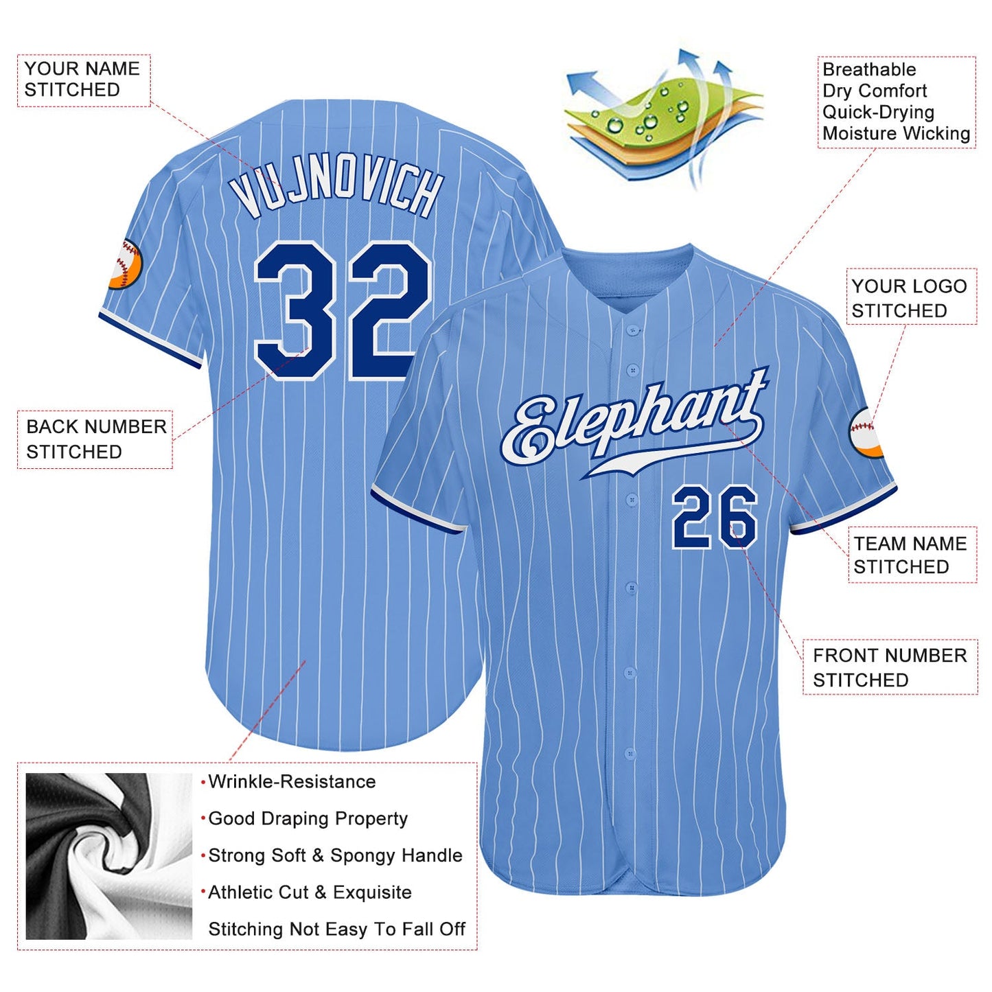 Custom Light Blue White Pinstripe Royal-White Authentic Baseball Jersey - Sky-Custom
