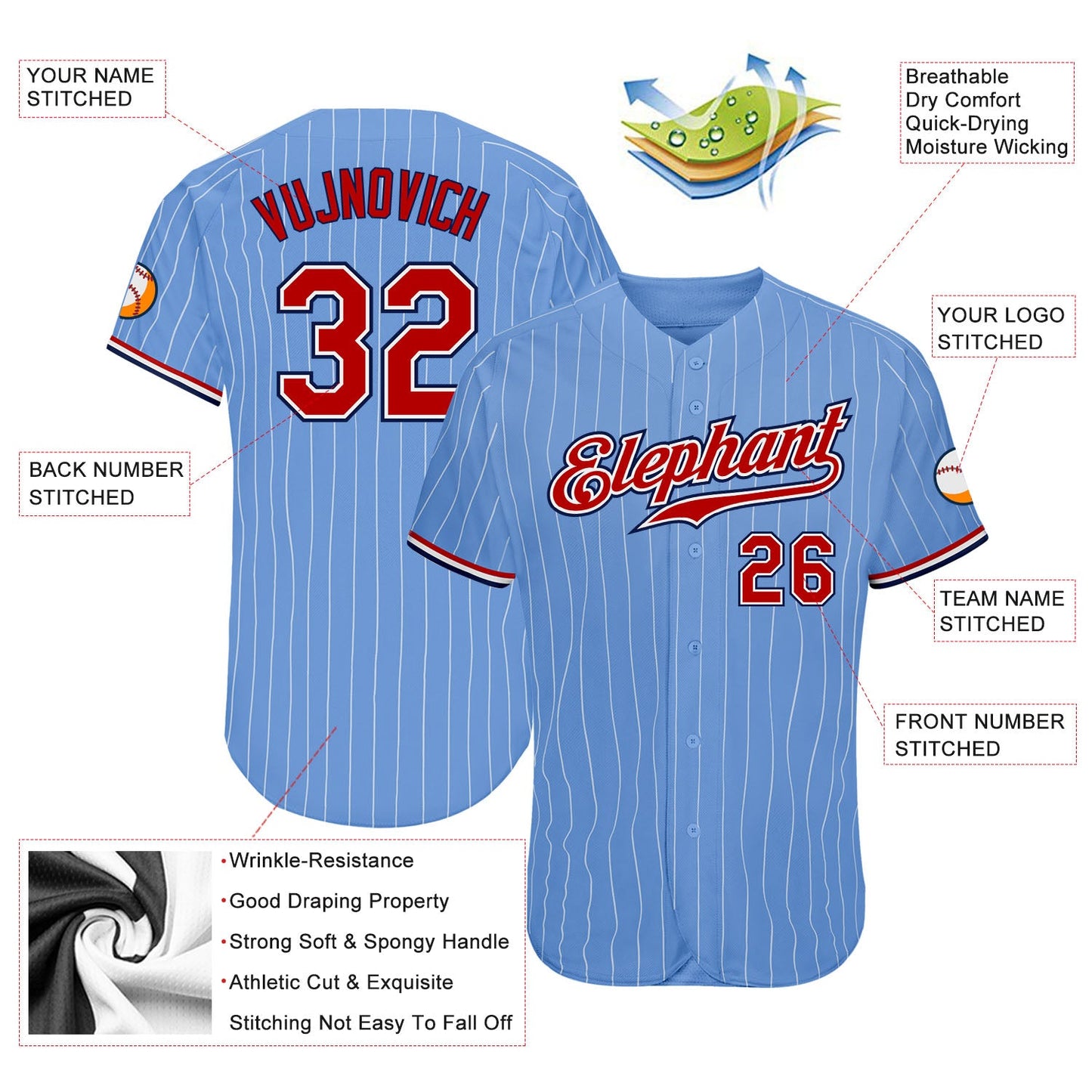 Custom Light Blue White Pinstripe Red-Navy Authentic Baseball Jersey - Sky-Custom