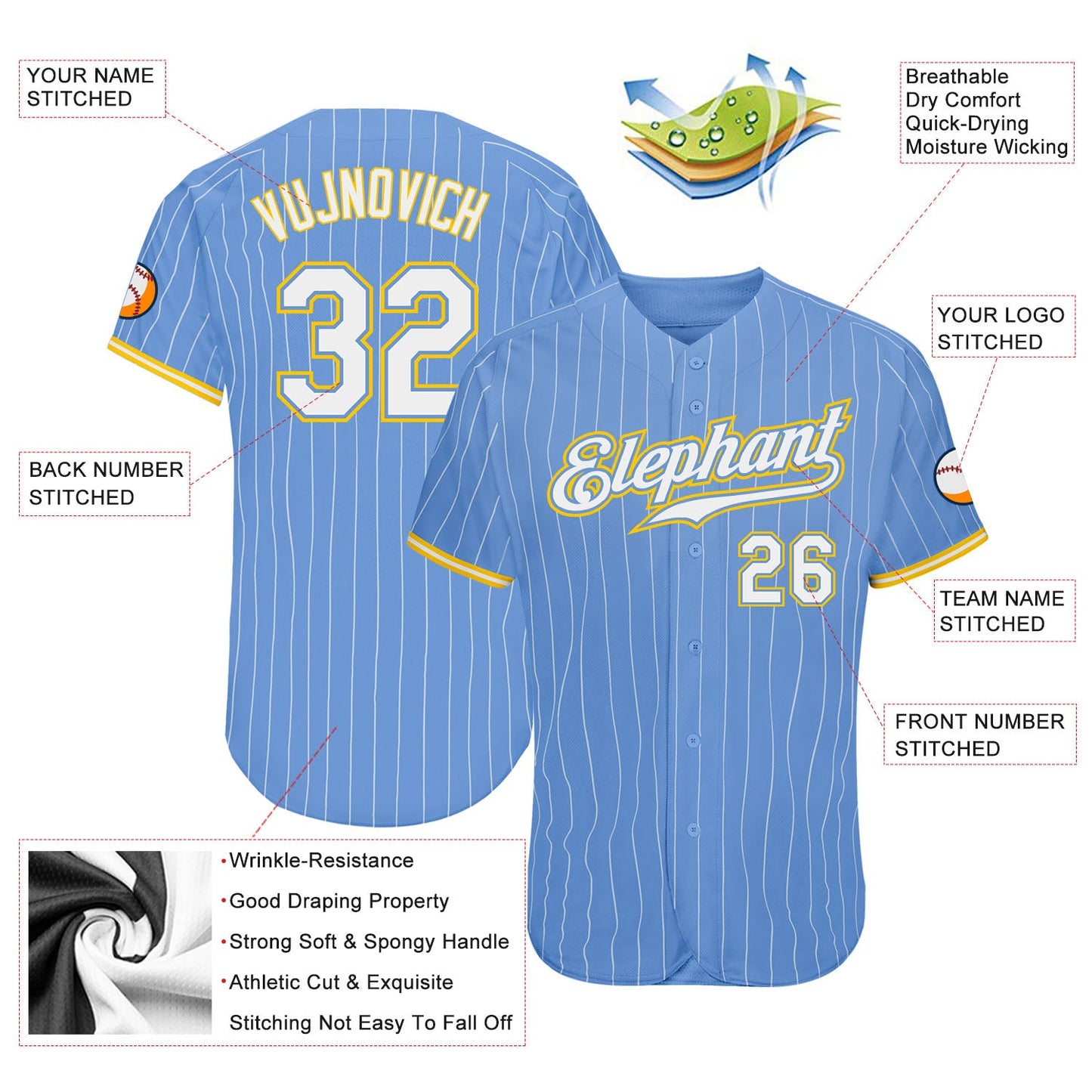 Custom Light Blue White Pinstripe White-Gold Authentic Baseball Jersey - Sky-Custom