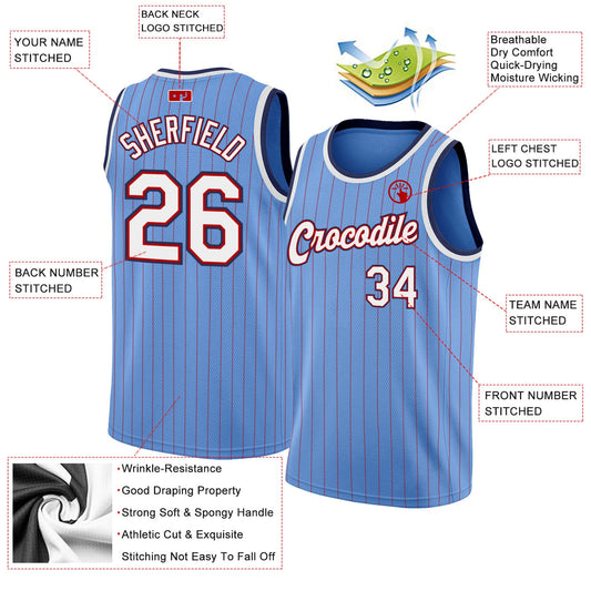 Custom Light Blue Red Pinstripe White-Navy Authentic Basketball Jersey - Sky-Custom