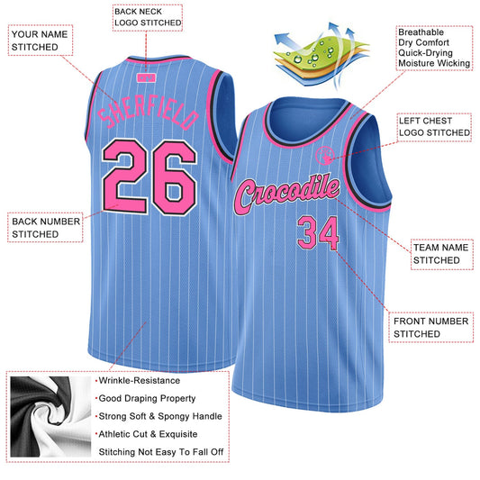 Custom Light Blue White Pinstripe Pink-Black Authentic Basketball Jersey - Sky-Custom