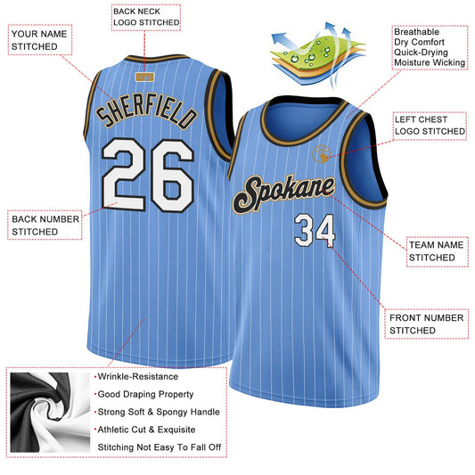 Custom Light Blue White Pinstripe White-Old Gold Authentic Basketball Jersey - Sky-Custom