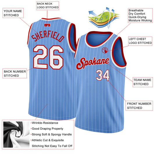 Custom Light Blue White Pinstripe White-Red Authentic Basketball Jersey - Sky-Custom