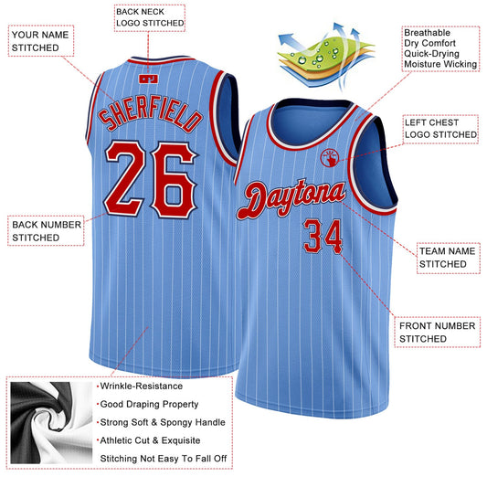 Custom Light Blue White Pinstripe Red-Navy Authentic Basketball Jersey - Sky-Custom