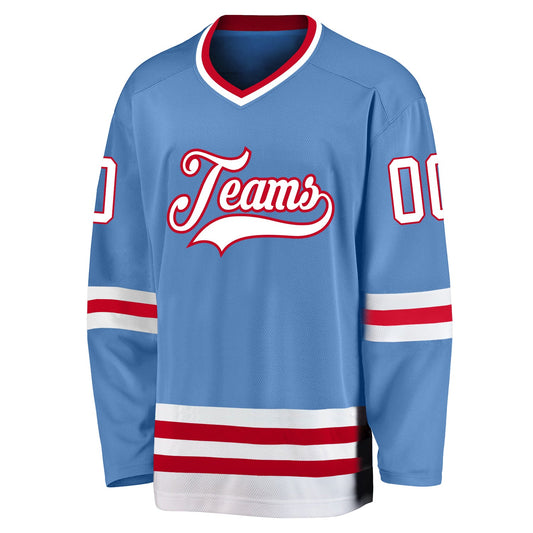 Custom Light Blue White-Red Hockey Jersey - Sky-Custom