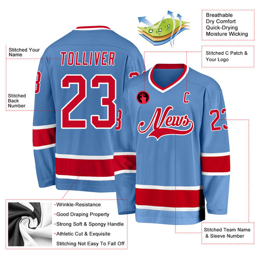 Custom Light Blue Red-White Hockey Jersey - Sky-Custom